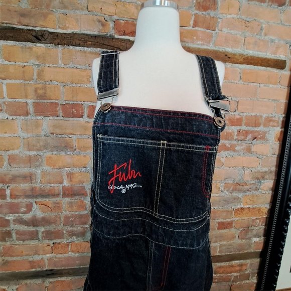VTG Womens Y2K Denim Bib Overalls FUBU Brand Dark Wash Hip Hop Spellout Sz 32 - Picture 1 of 11